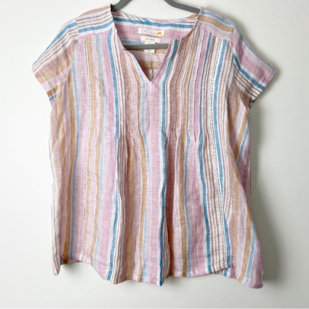 C&C California Linen Top Multicolor Striped Popover Shirt V Neck Blouse Medium
